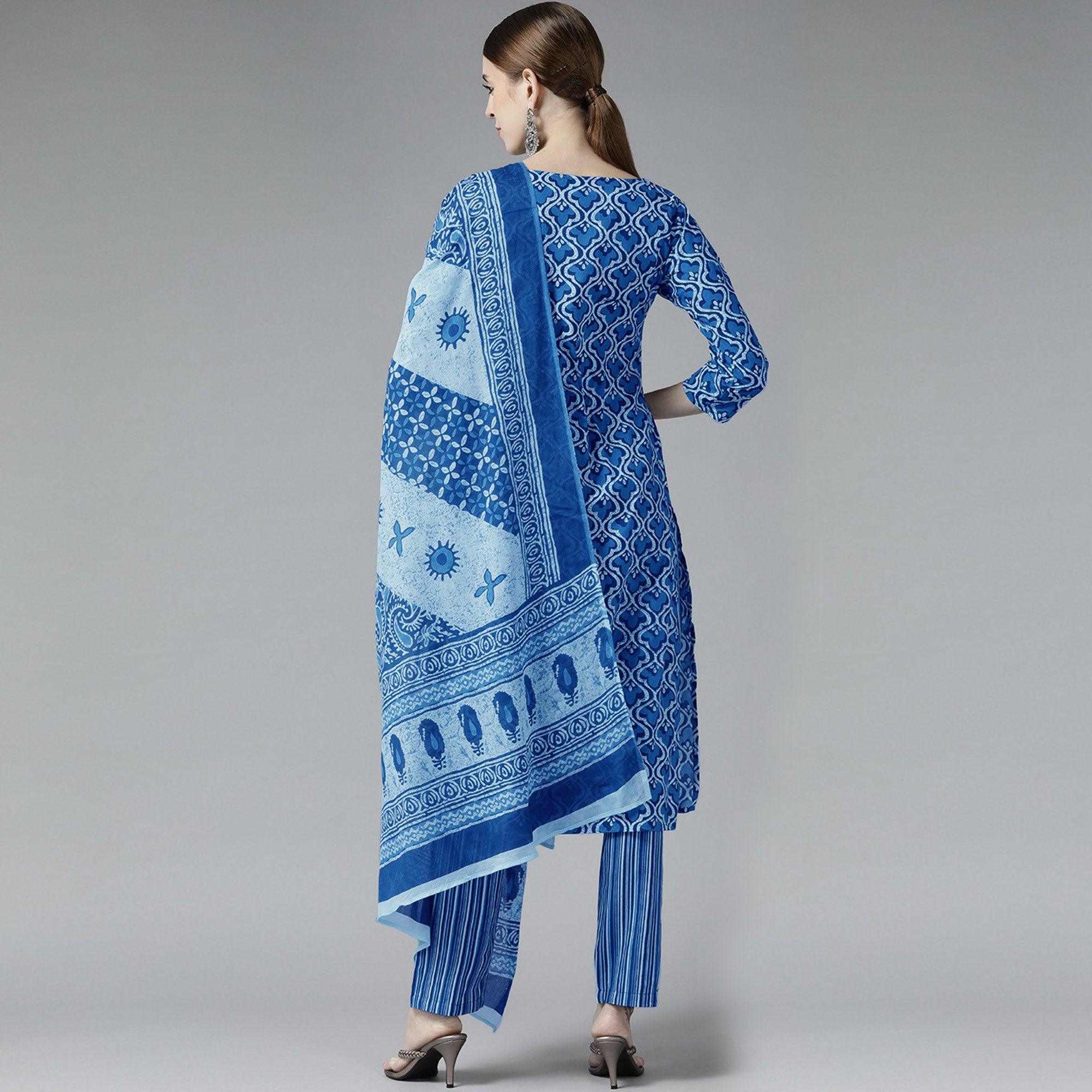 Dark Blue Printed Pure Cotton Kurti Pant Set with Dupatta - Peachmode