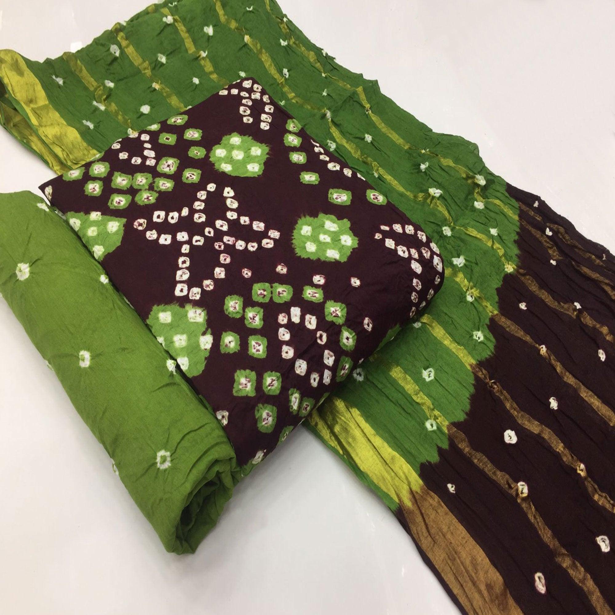 Dark Brown Bandhani Printed Pure Cotton Dress Material - Peachmode