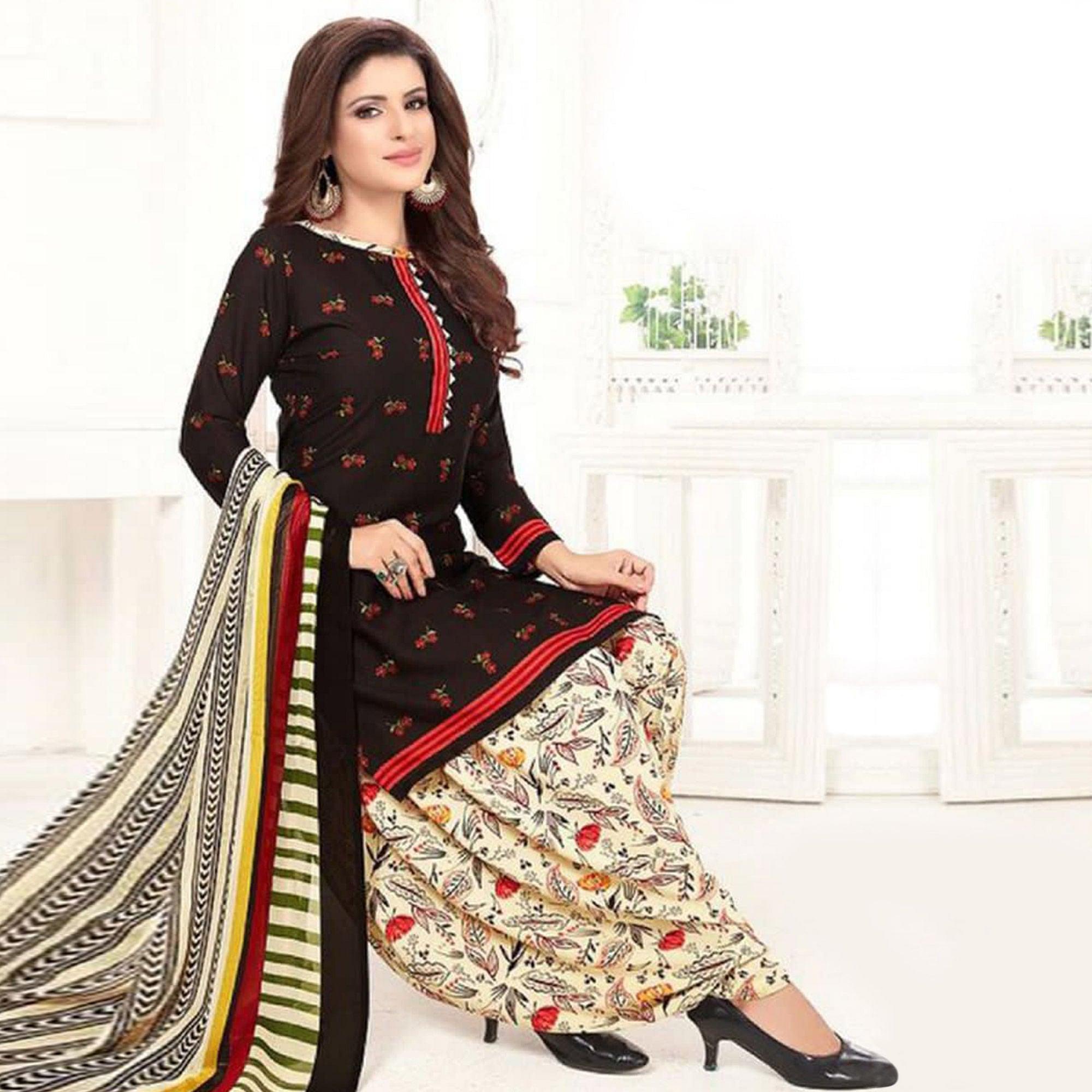 Dark Brown Casual Wear Printed Leon Patiala Dress Material - Peachmode