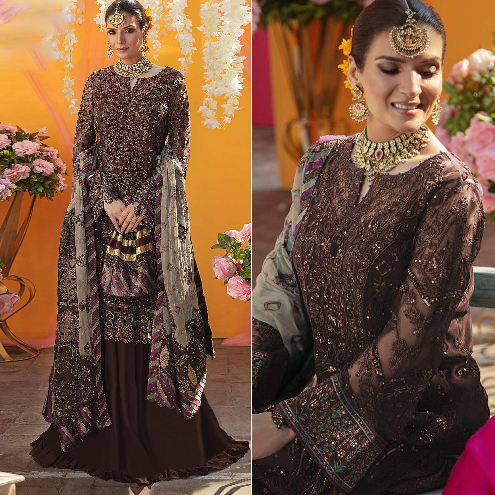 Dark Brown Embroidered Georgette Suit - Peachmode