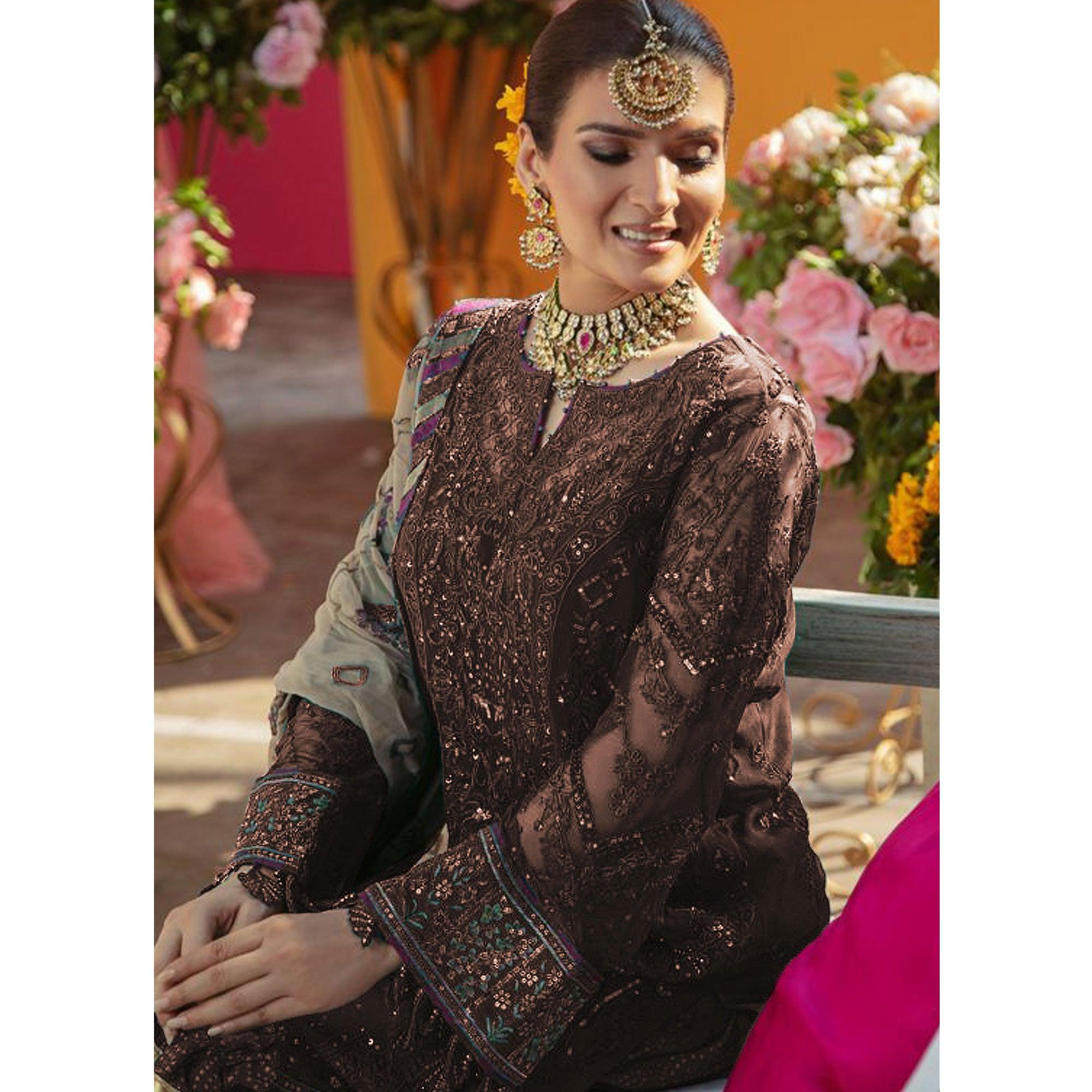 Dark Brown Embroidered Georgette Suit - Peachmode