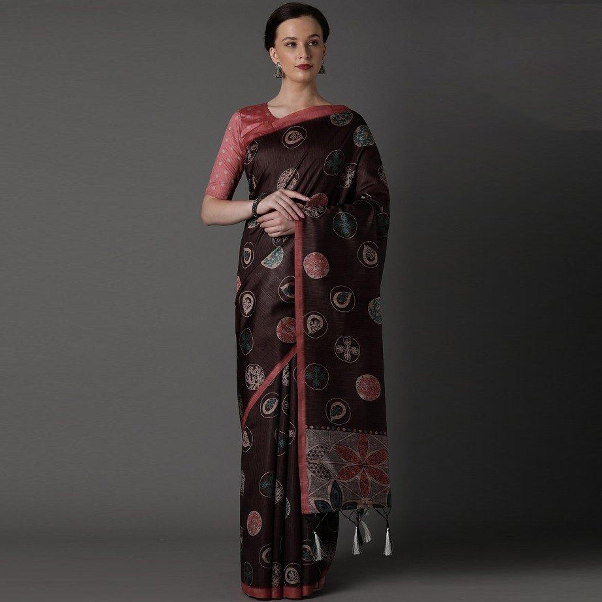 Dark Brown Party Wear Satin Printed Saree With Unstitched Blouse - Peachmode