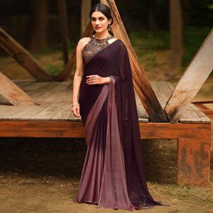 Dark Brown Solid Chiffon Saree - Peachmode