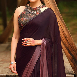 Dark Brown Solid Chiffon Saree - Peachmode