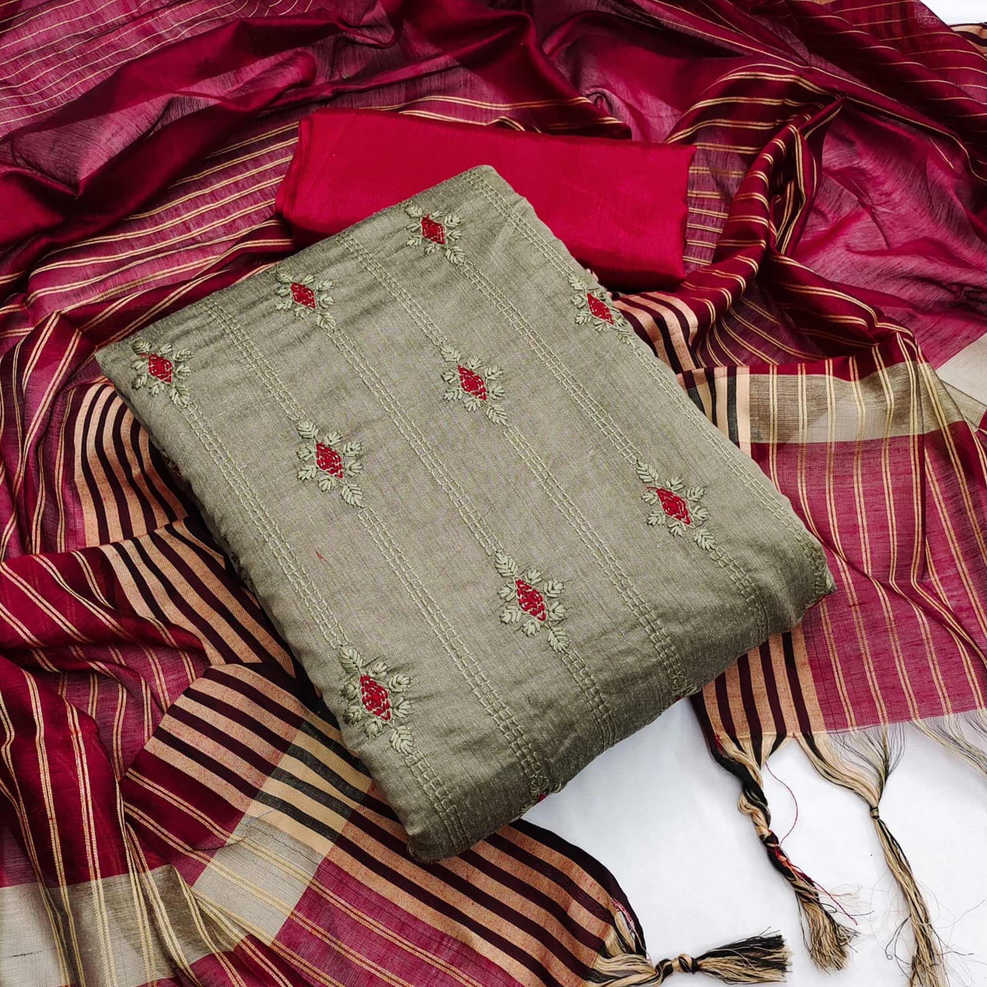 Dark Chikoo Casual Wear Embroidered Chanderi Dress Material - Peachmode