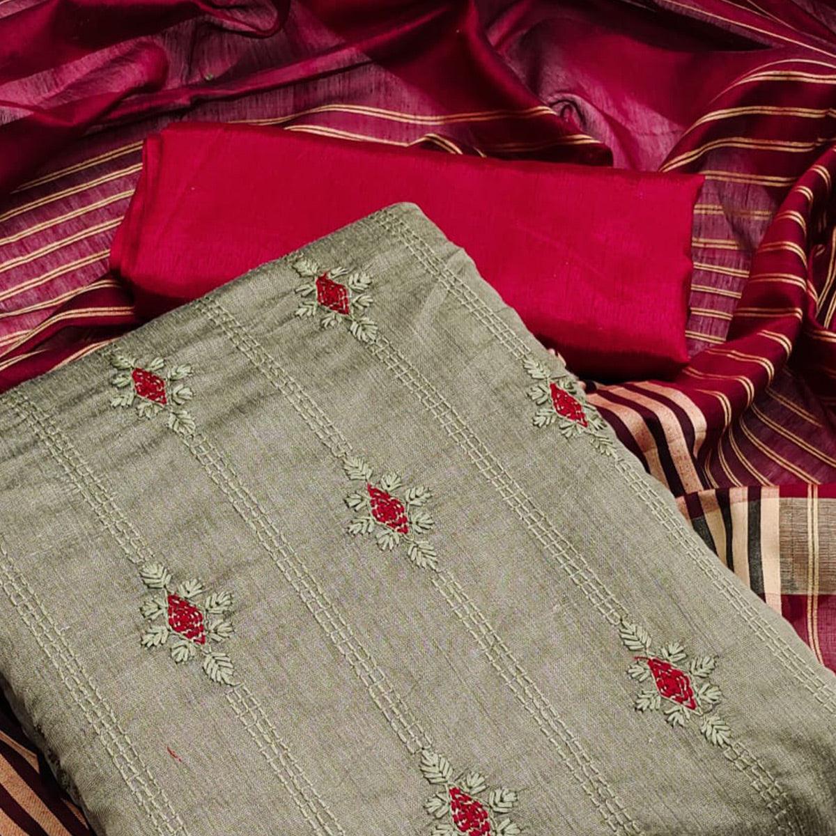 Dark Chikoo Casual Wear Embroidered Chanderi Dress Material - Peachmode