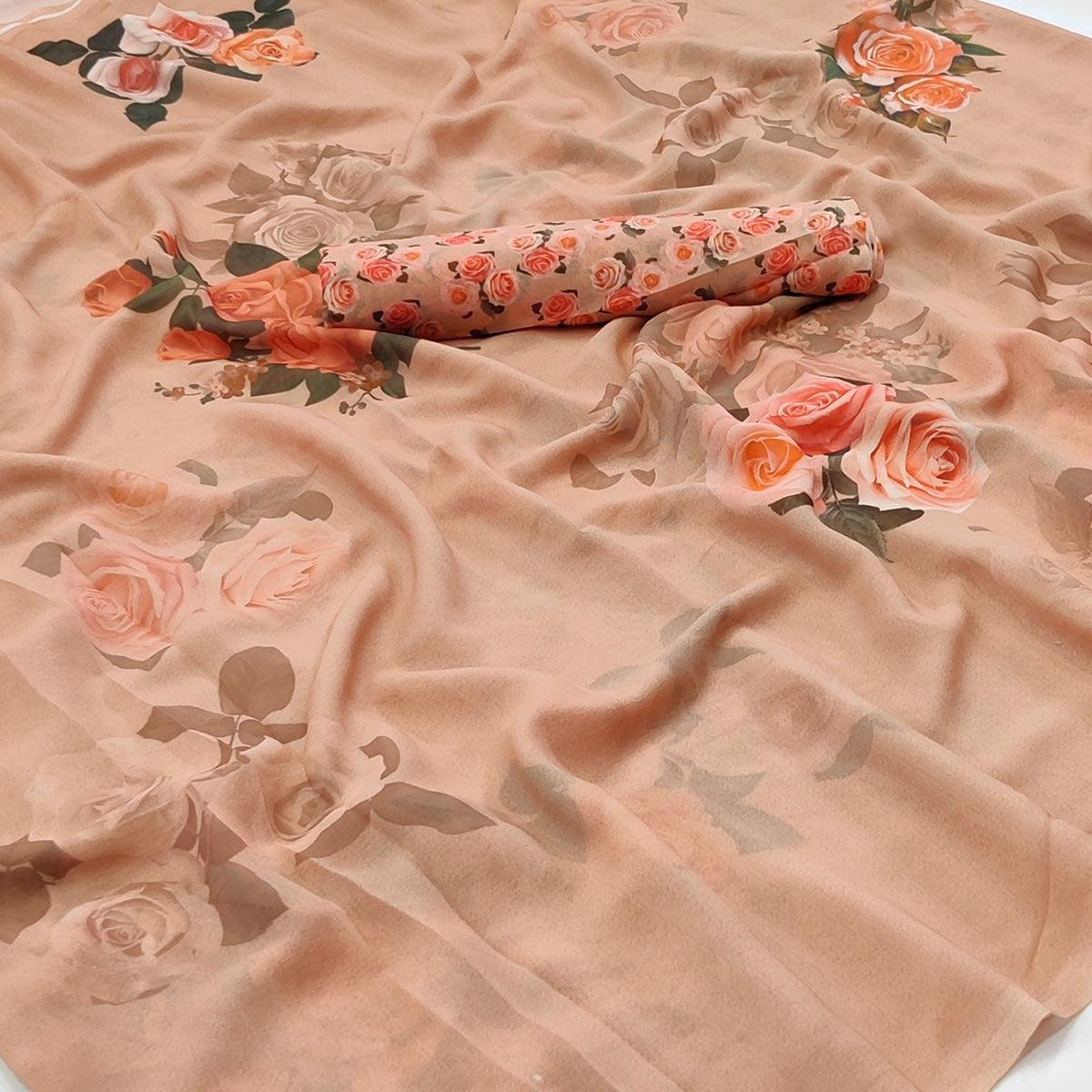 Dark Cream Digital Printed Georgette Saree - Peachmode