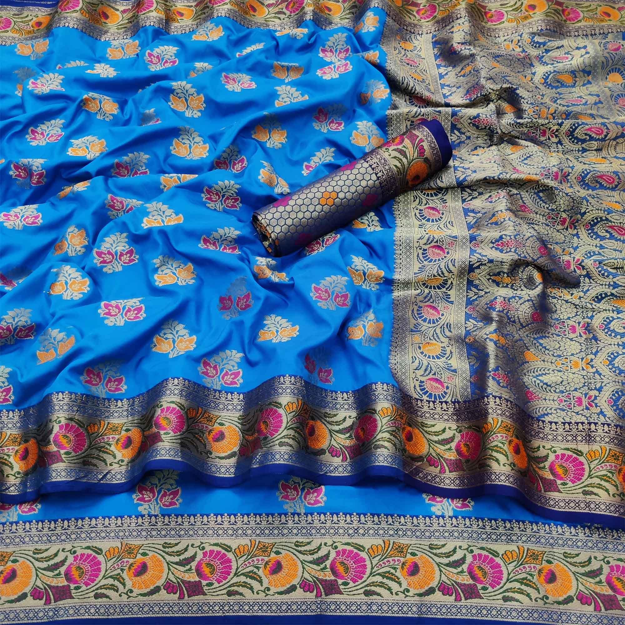 Dark Firoji Festive Wear Floral Woven Soft Silk Saree - Peachmode