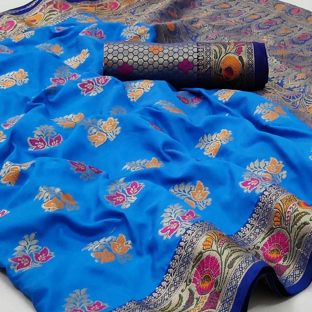 Dark Firoji Festive Wear Floral Woven Soft Silk Saree - Peachmode