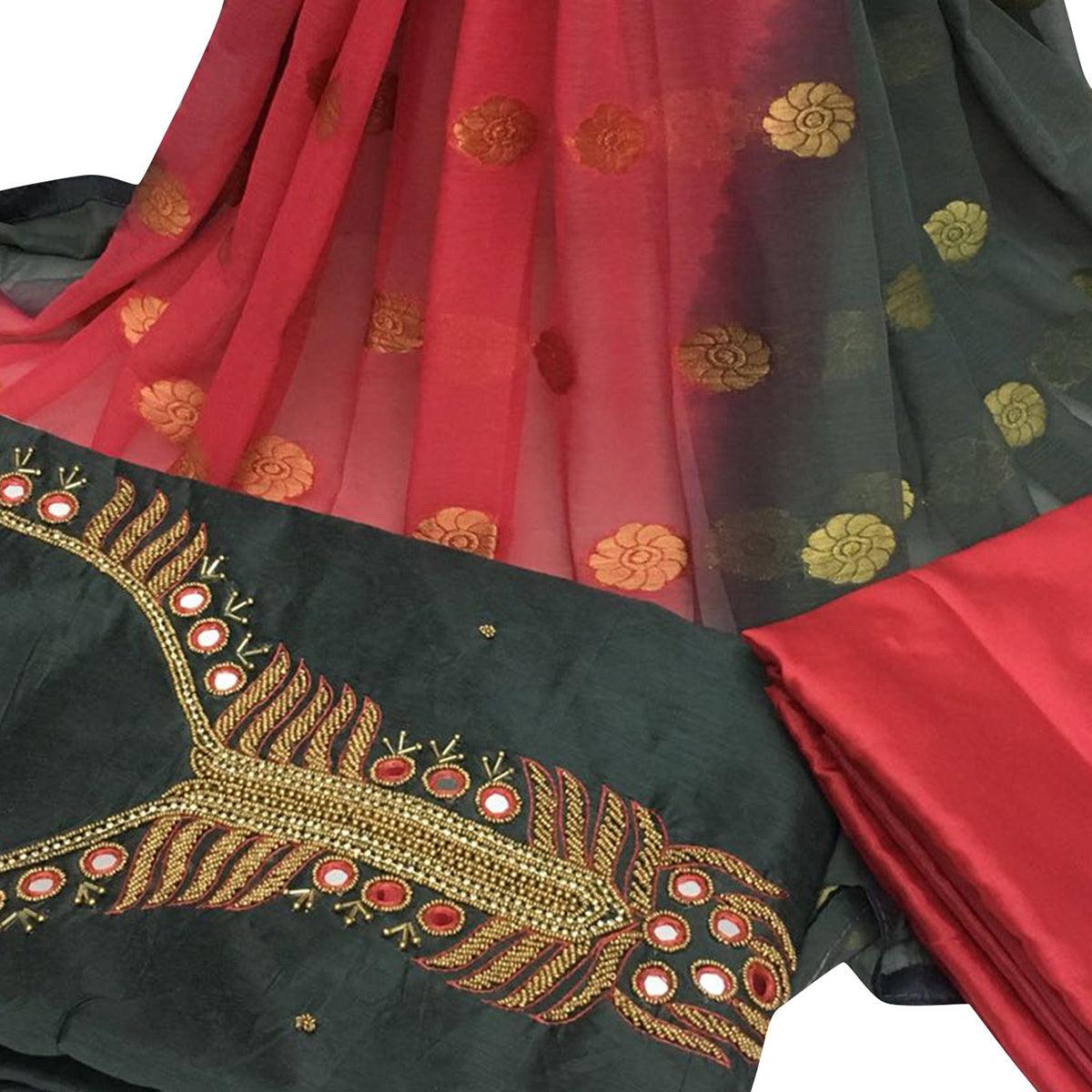 Dark Gray Embroidered Santoon Dress Material - Peachmode