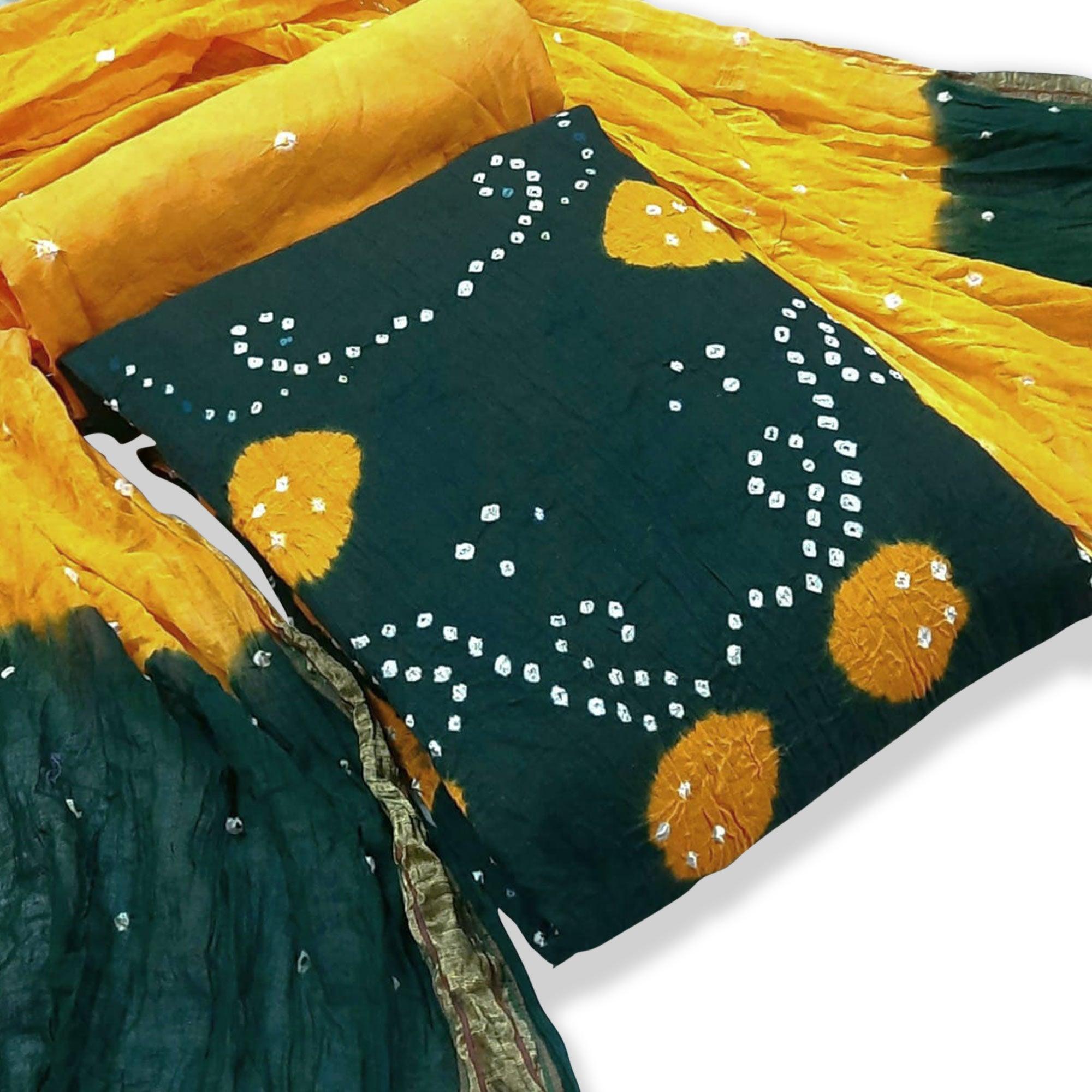 Dark Green Casual Wear Bandhej And Woven Pure Cotton Dress Material - Peachmode