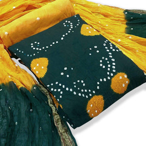 Dark Green Casual Wear Bandhej And Woven Pure Cotton Dress Material - Peachmode