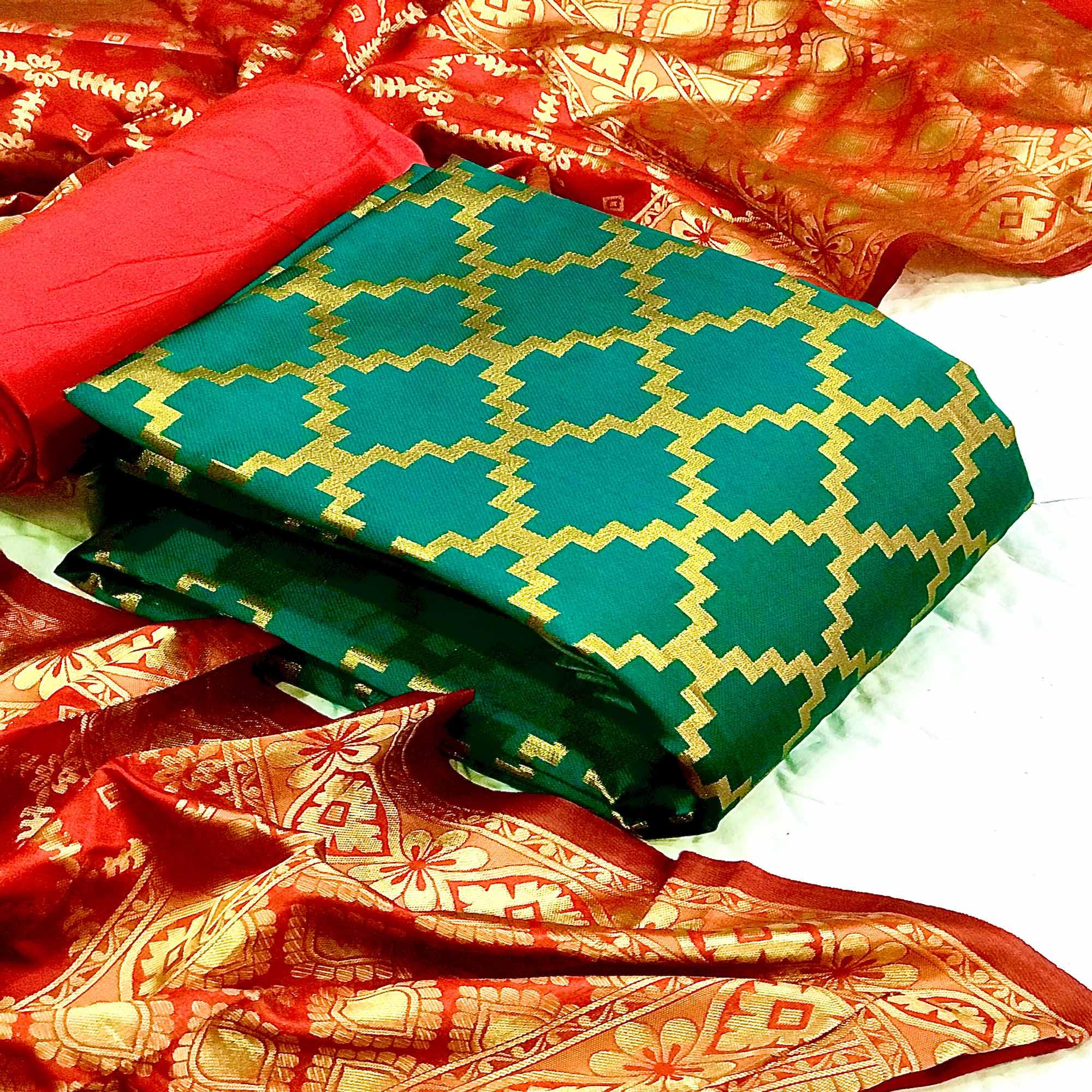 Dark Green Casual Wear Embroidered Banarasi Silk Dress Material - Peachmode