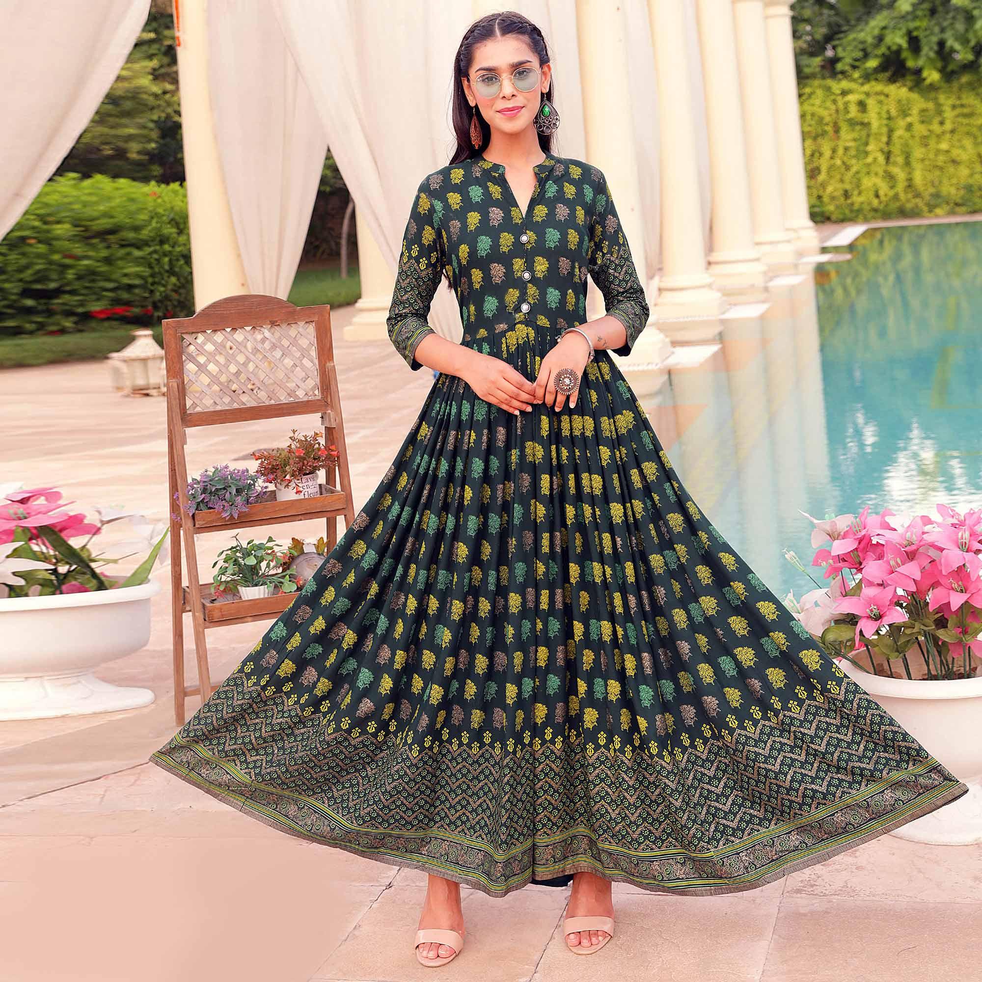 Dark Green Casual Wear Floral Printed Heavy Rayon Gown - Peachmode