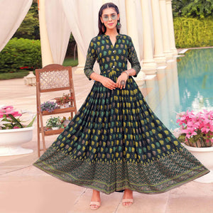 Dark Green Casual Wear Floral Printed Heavy Rayon Gown - Peachmode