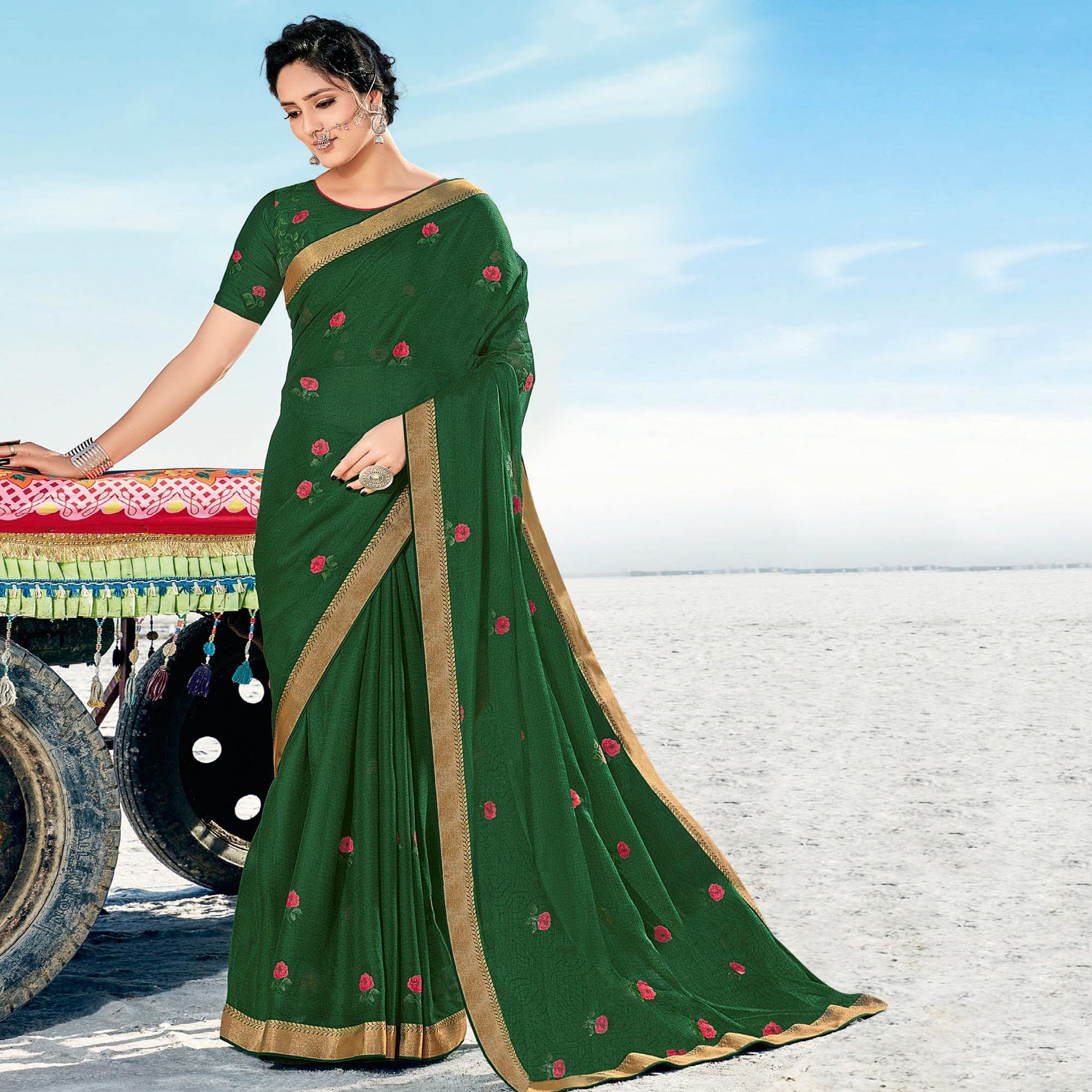 Dark Green Casual Wear Printed Chiffon Saree - Peachmode