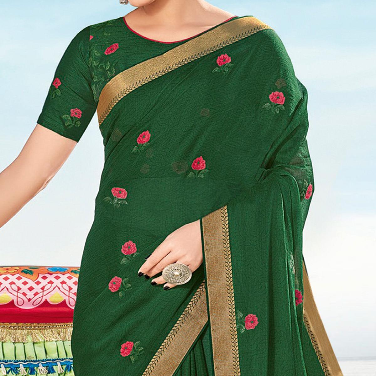 Dark Green Casual Wear Printed Chiffon Saree - Peachmode