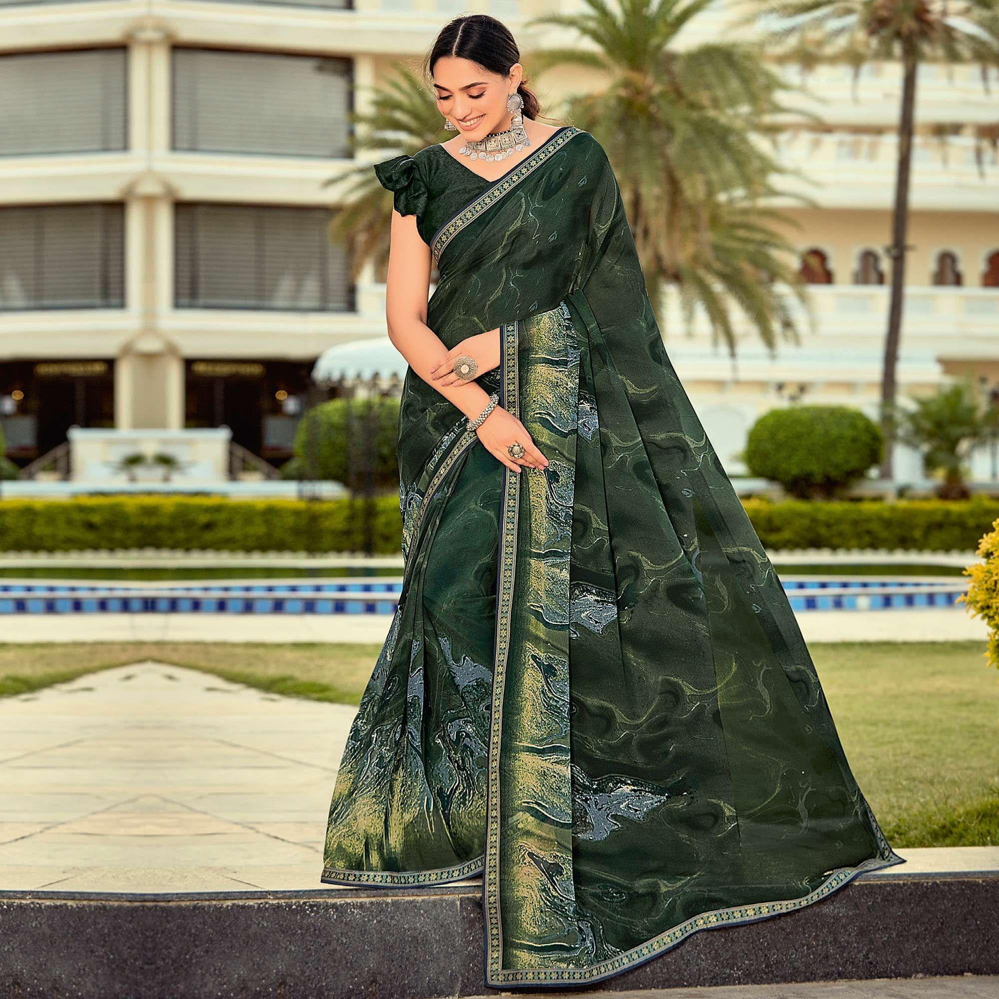 Dark Green Casual Wear Printed Georgette Saree - Peachmode