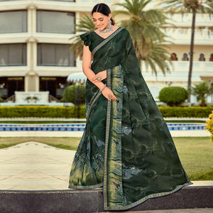 Dark Green Casual Wear Printed Georgette Saree - Peachmode