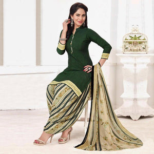 Dark Green Casual Wear Printed Leon Patiala Dress Material - Peachmode