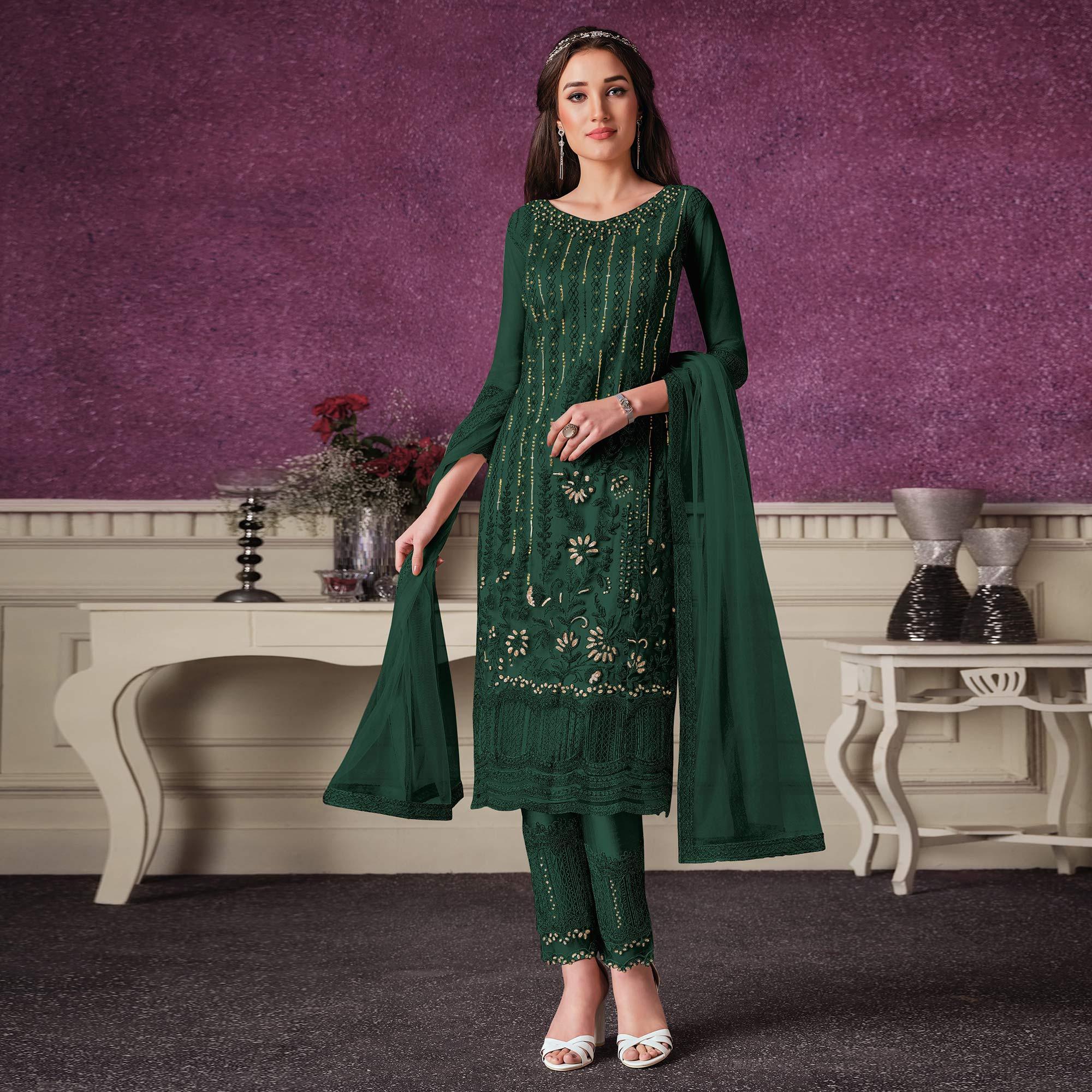 Dark Green Embroidered Butterfly Net Partywear Suit - Peachmode