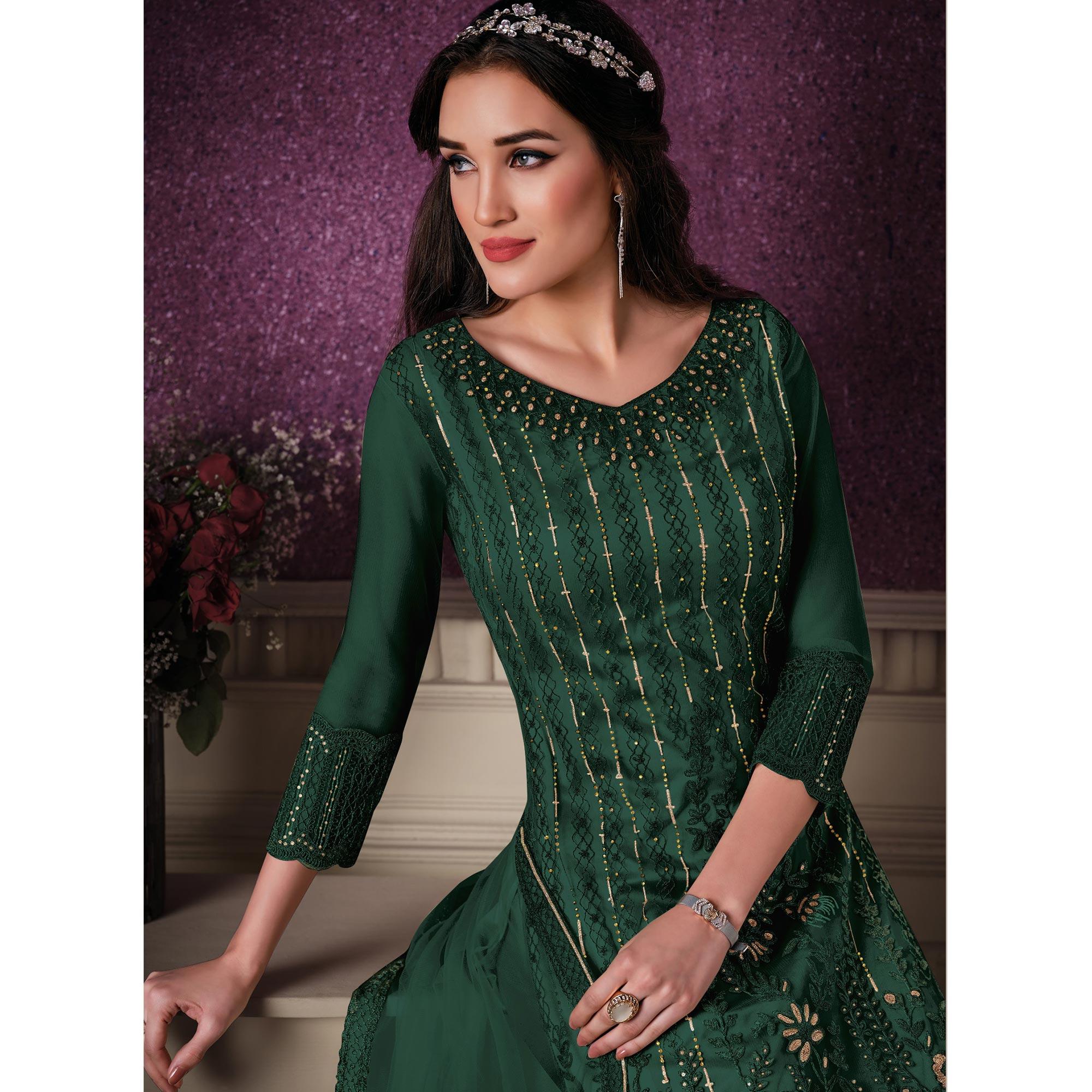 Dark Green Embroidered Butterfly Net Partywear Suit - Peachmode