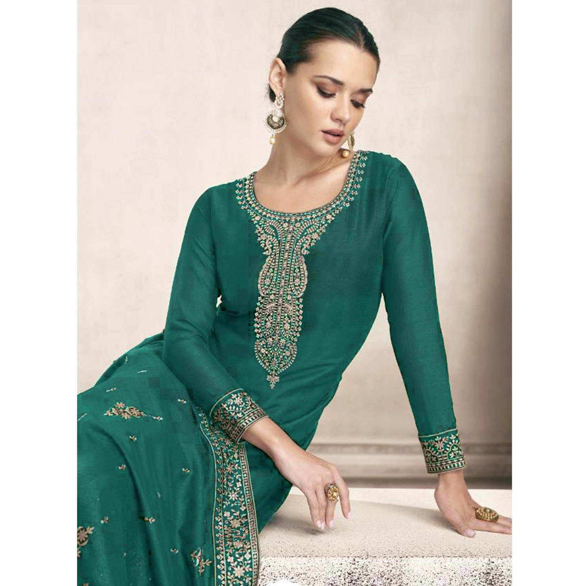 Dark Green Embroidered Dola Silk Salwar Suit - Peachmode