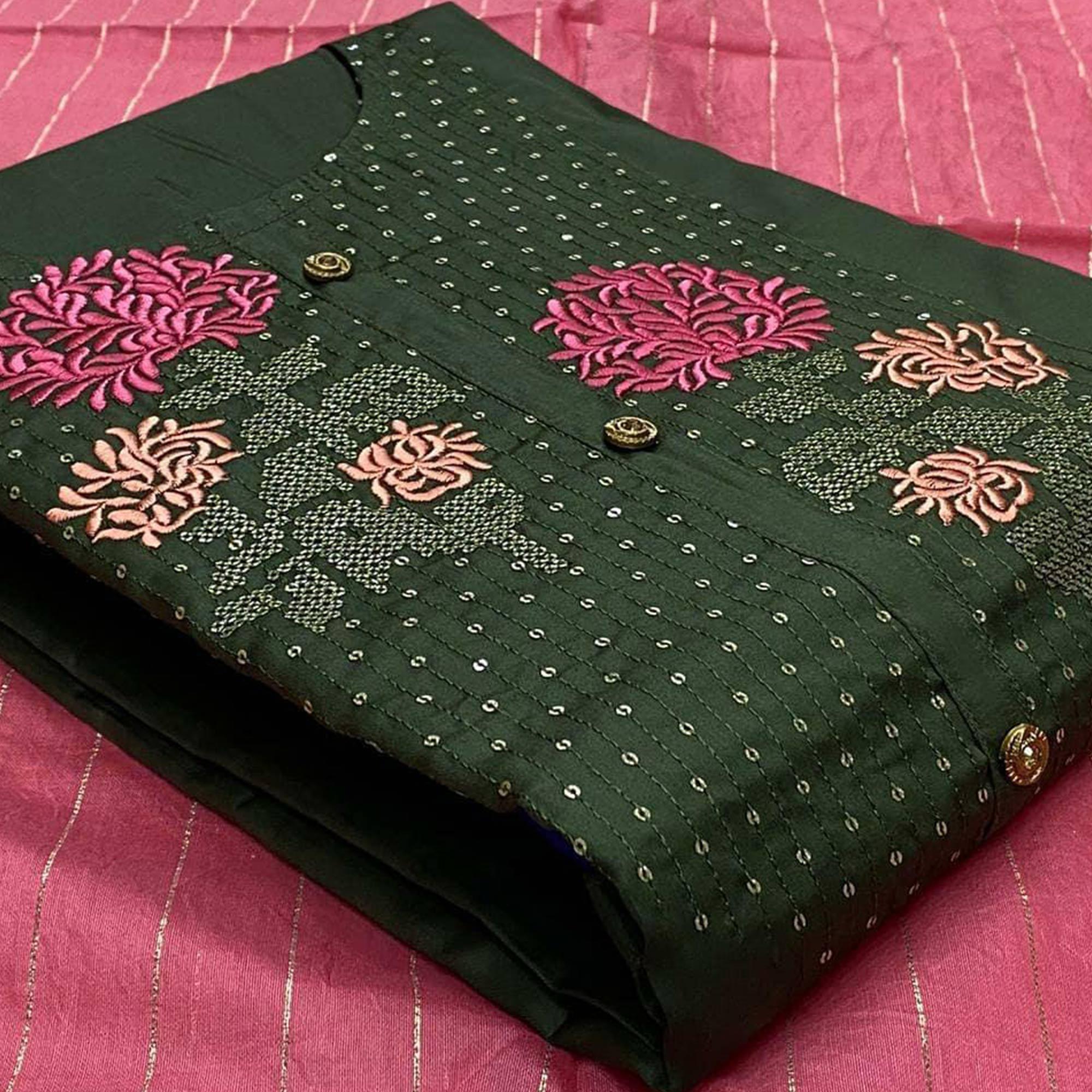 Dark Green Embroidered With Embellished Pure Cotton Dress Material - Peachmode