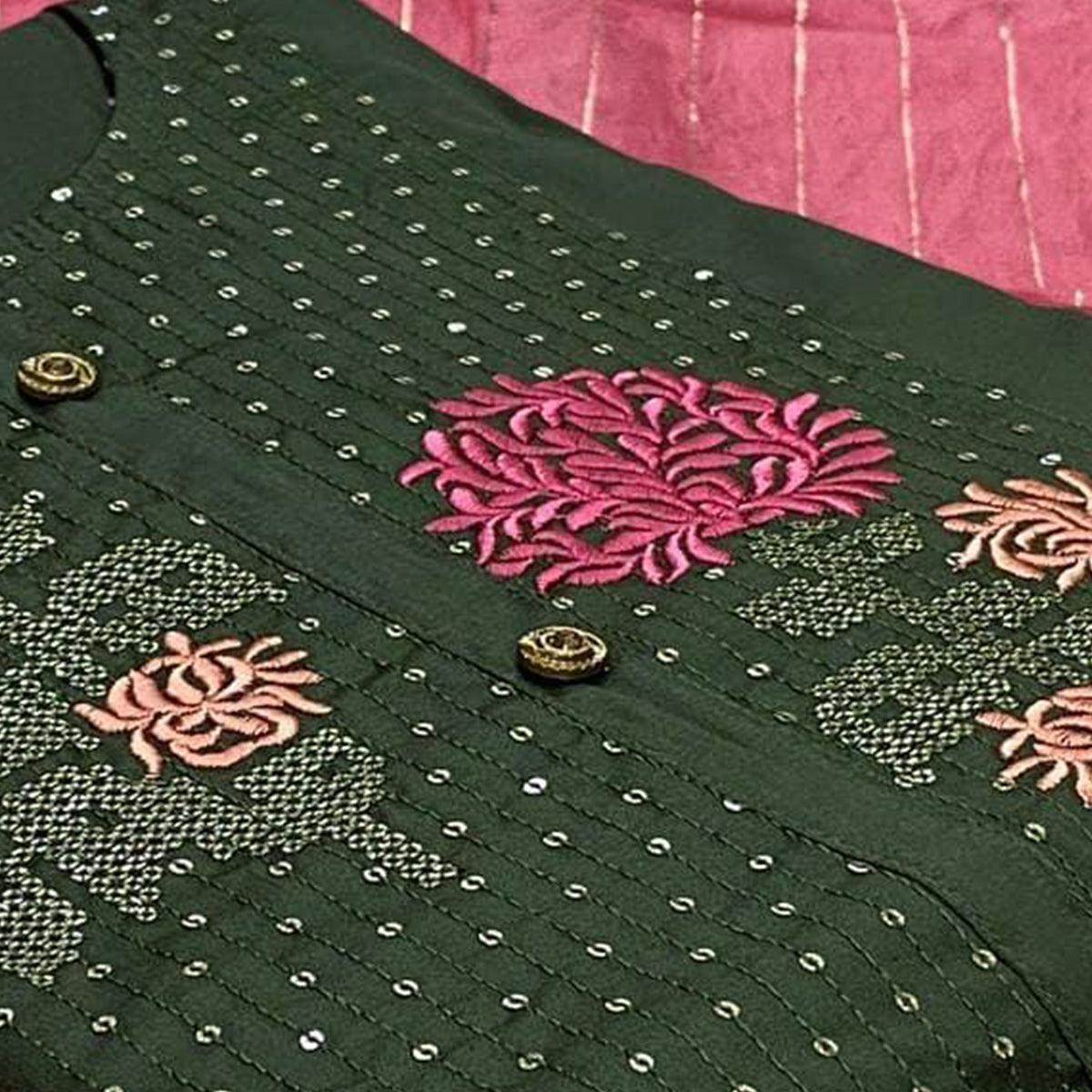 Dark Green Embroidered With Embellished Pure Cotton Dress Material - Peachmode