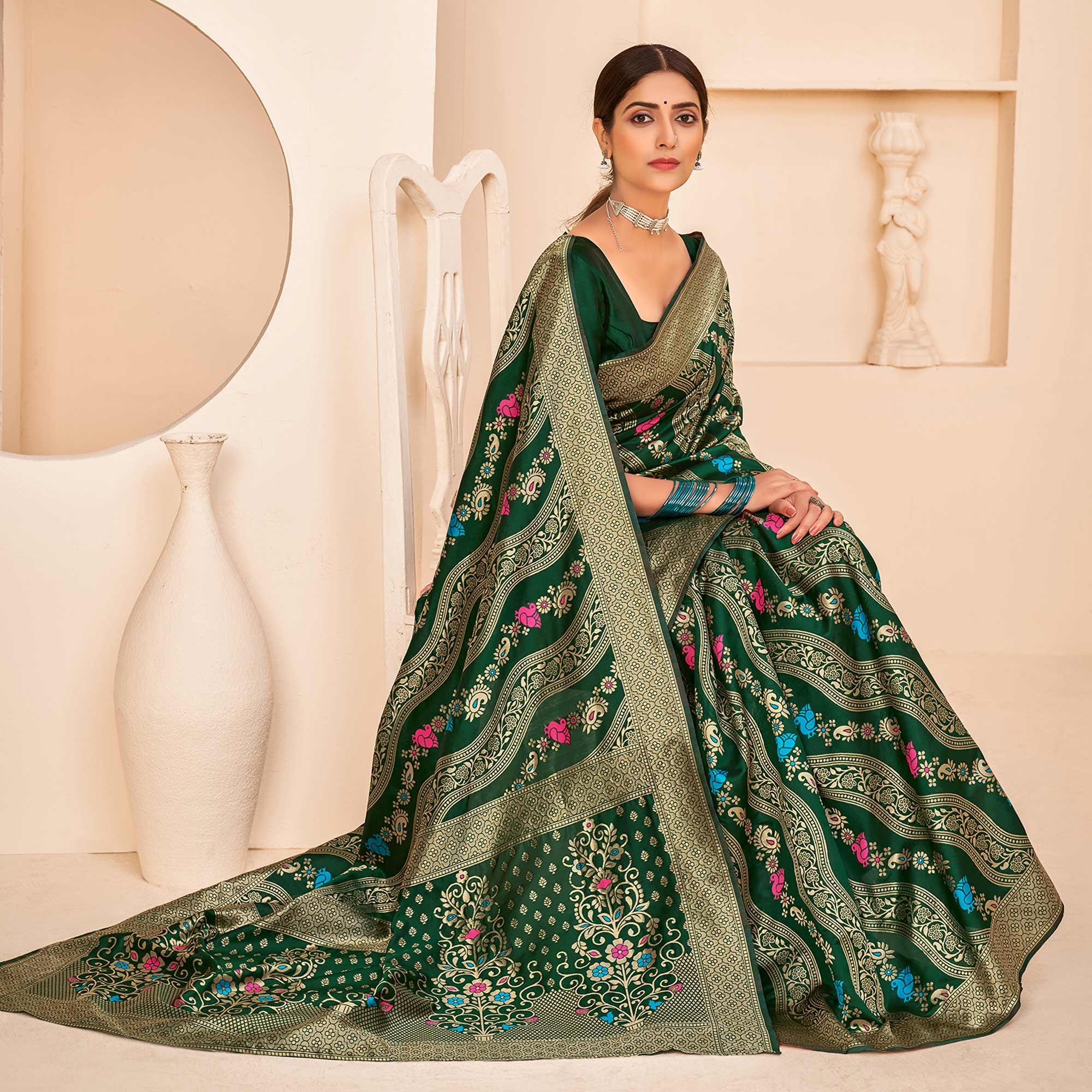 Dark Green Festive Wear Banarasi with Patola Woven Banarasi Silk saree - Peachmode