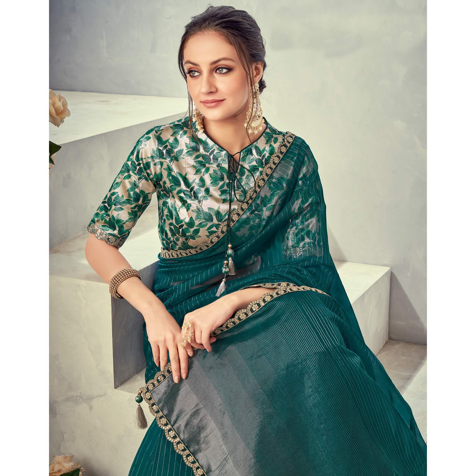 Dark Green Festive Wear Lace Border Weaved Organza Saree - Peachmode
