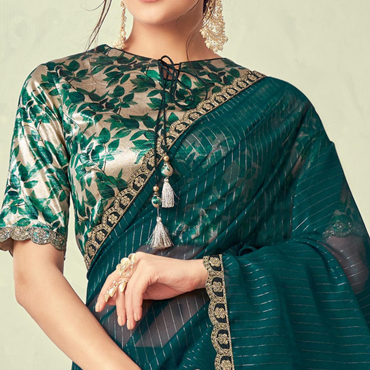 Dark Green Festive Wear Lace Border Weaved Organza Saree - Peachmode