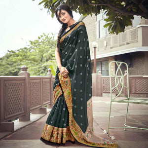Dark Green festive Wear Printed Linen Saree With Border - Peachmode