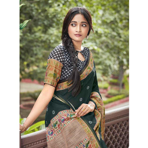 Dark Green festive Wear Printed Linen Saree With Border - Peachmode