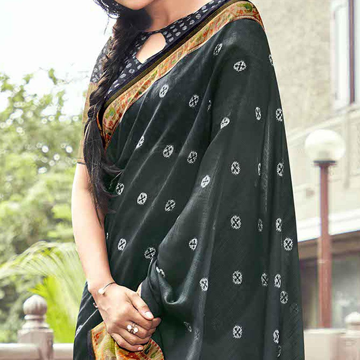 Dark Green festive Wear Printed Linen Saree With Border - Peachmode