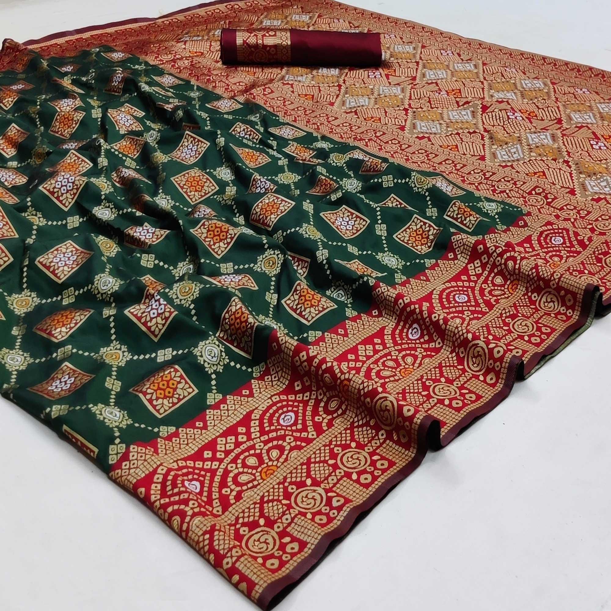 Dark Green Festive Wear Woven Heavy Silk Saree - Peachmode