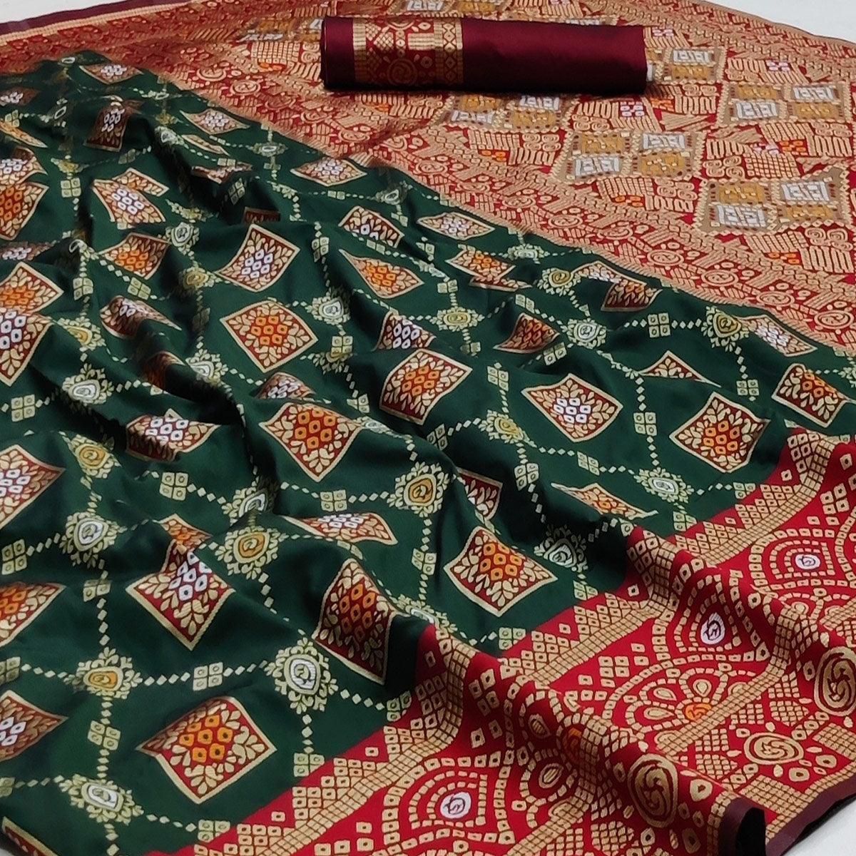 Dark Green Festive Wear Woven Heavy Silk Saree - Peachmode
