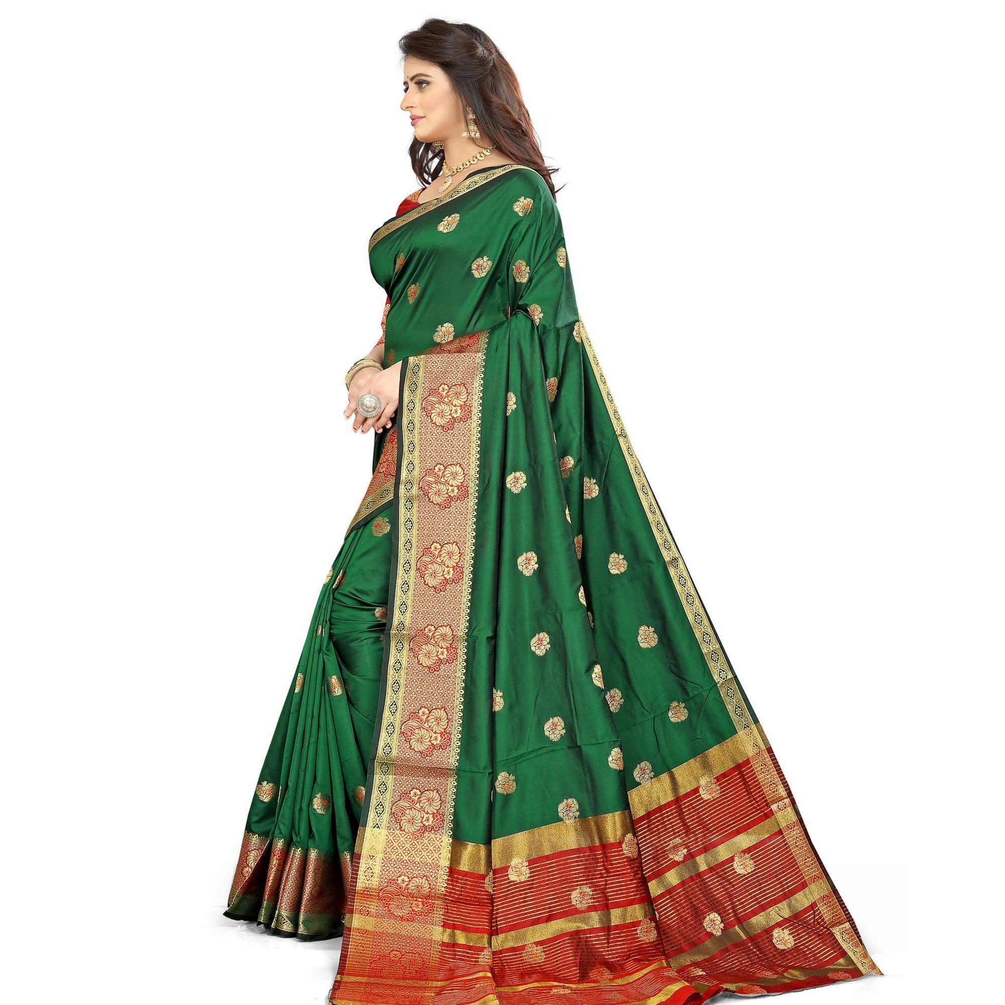 Dark Green Festive Wear Woven Maithili Silk Saree - Peachmode
