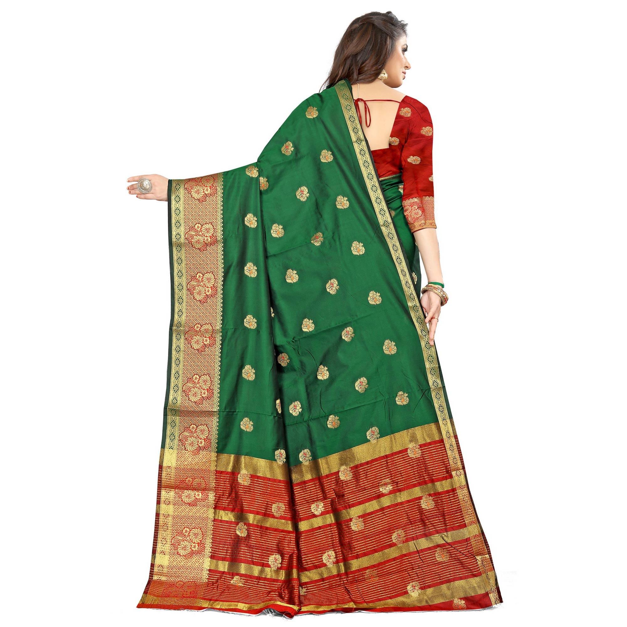 Dark Green Festive Wear Woven Maithili Silk Saree - Peachmode