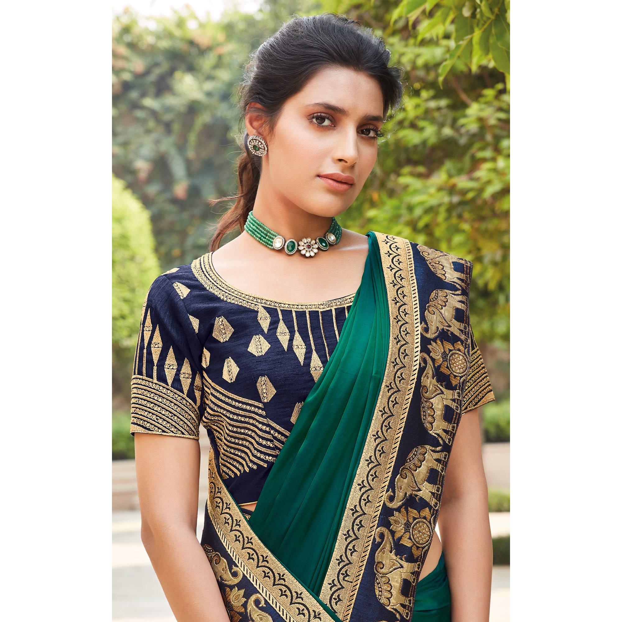 Dark Green Festive Wear Woven Silk Saree With Border - Peachmode