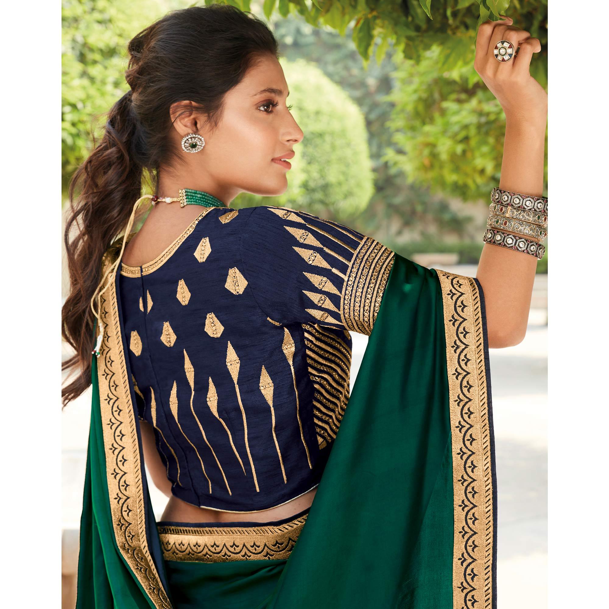 Dark Green Festive Wear Woven Silk Saree With Border - Peachmode