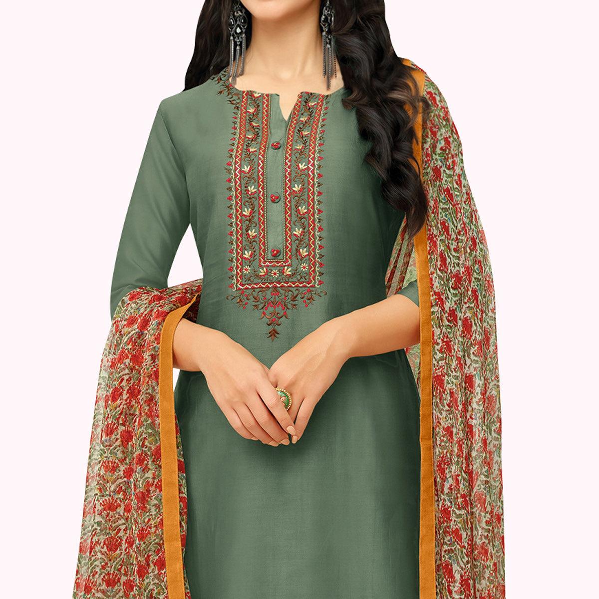 Dark Green Floral Embroidered Chanderi Salwar Suit - Peachmode