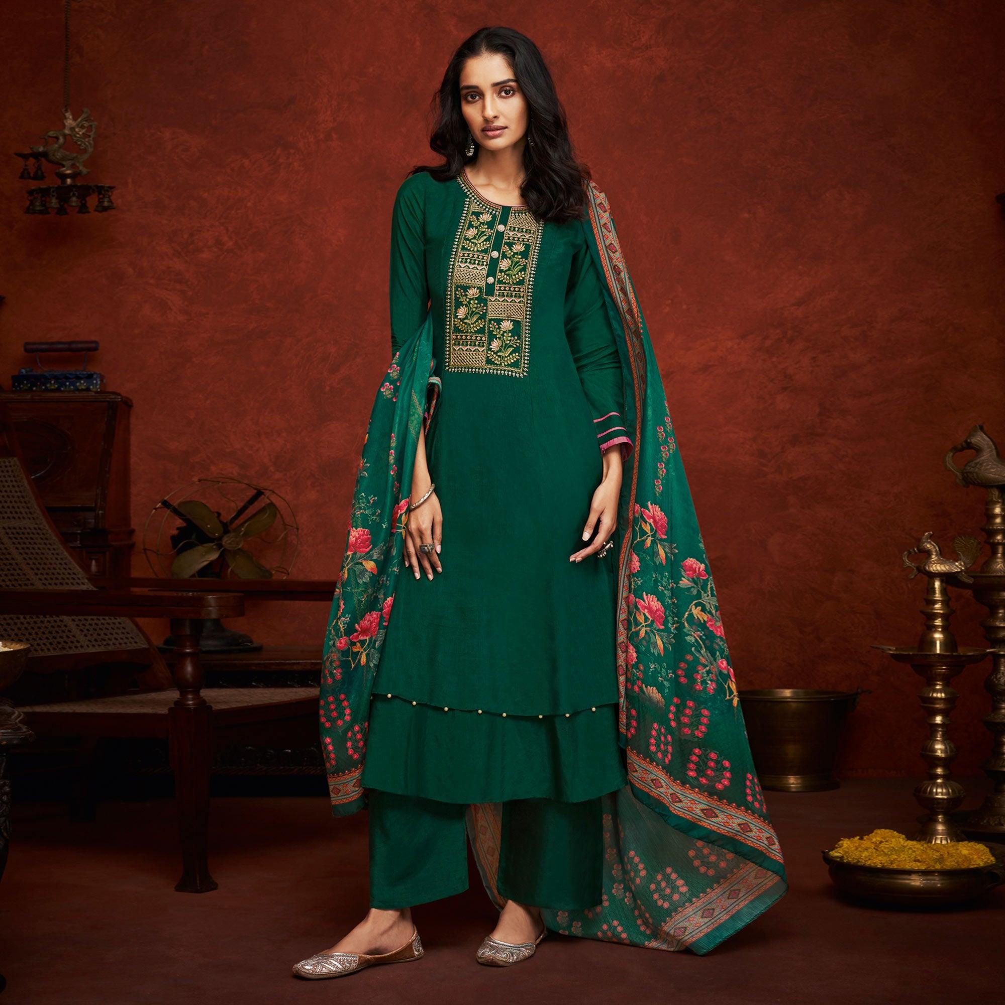 Dark Green Floral Embroidery With Print Pure Viscose Partywear Suit - Peachmode