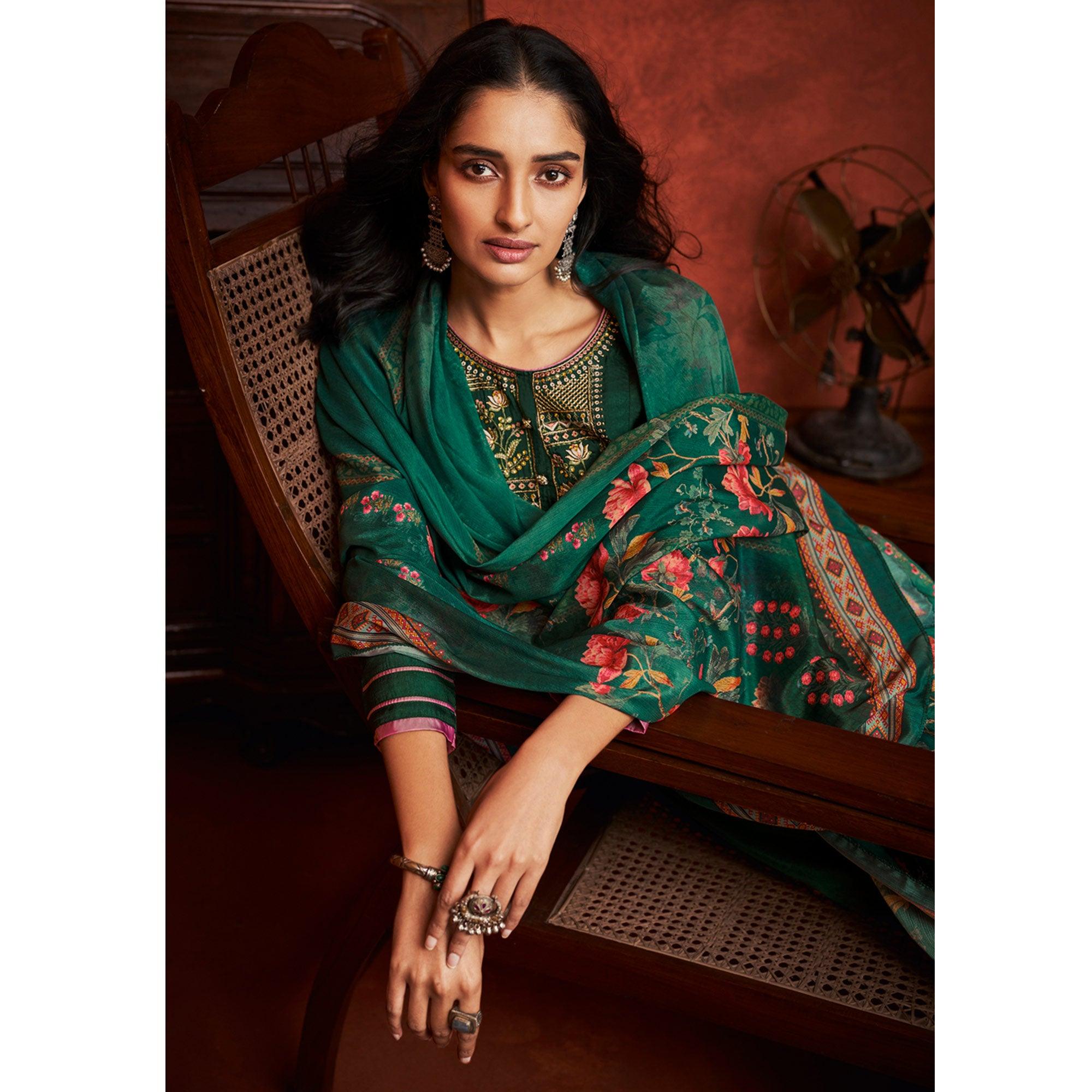 Dark Green Floral Embroidery With Print Pure Viscose Partywear Suit - Peachmode