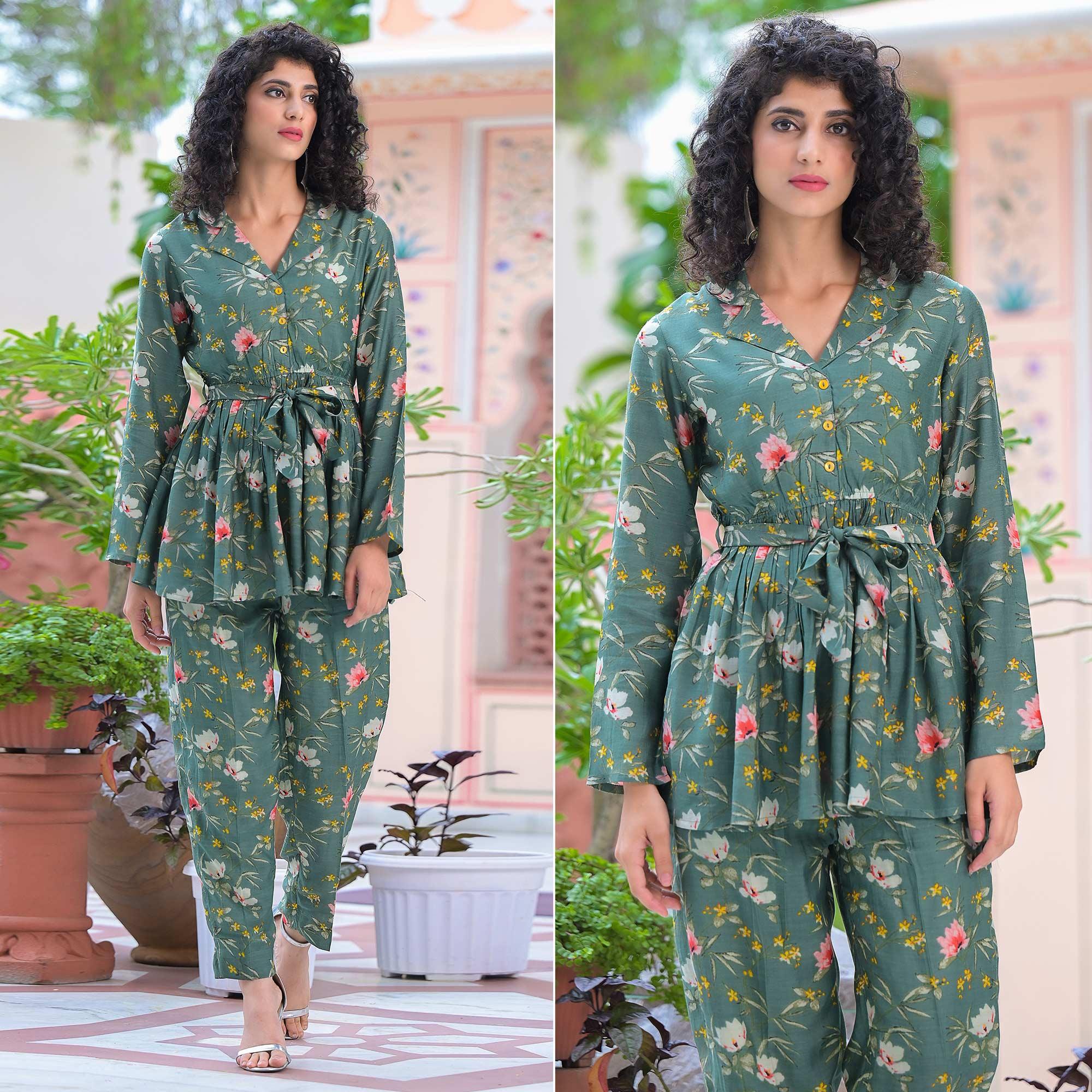 Dark Green Floral Printed Muslin Top Bottom Set - Peachmode