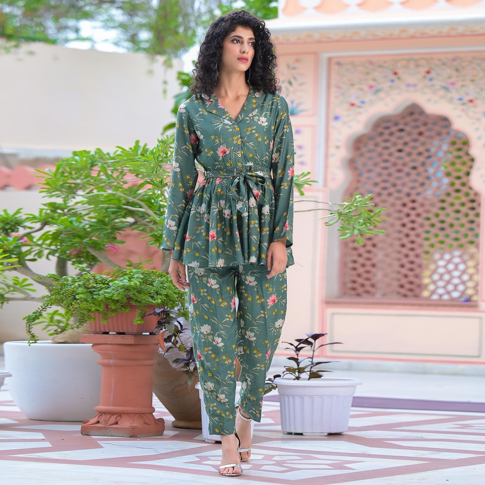 Dark Green Floral Printed Muslin Top Bottom Set - Peachmode
