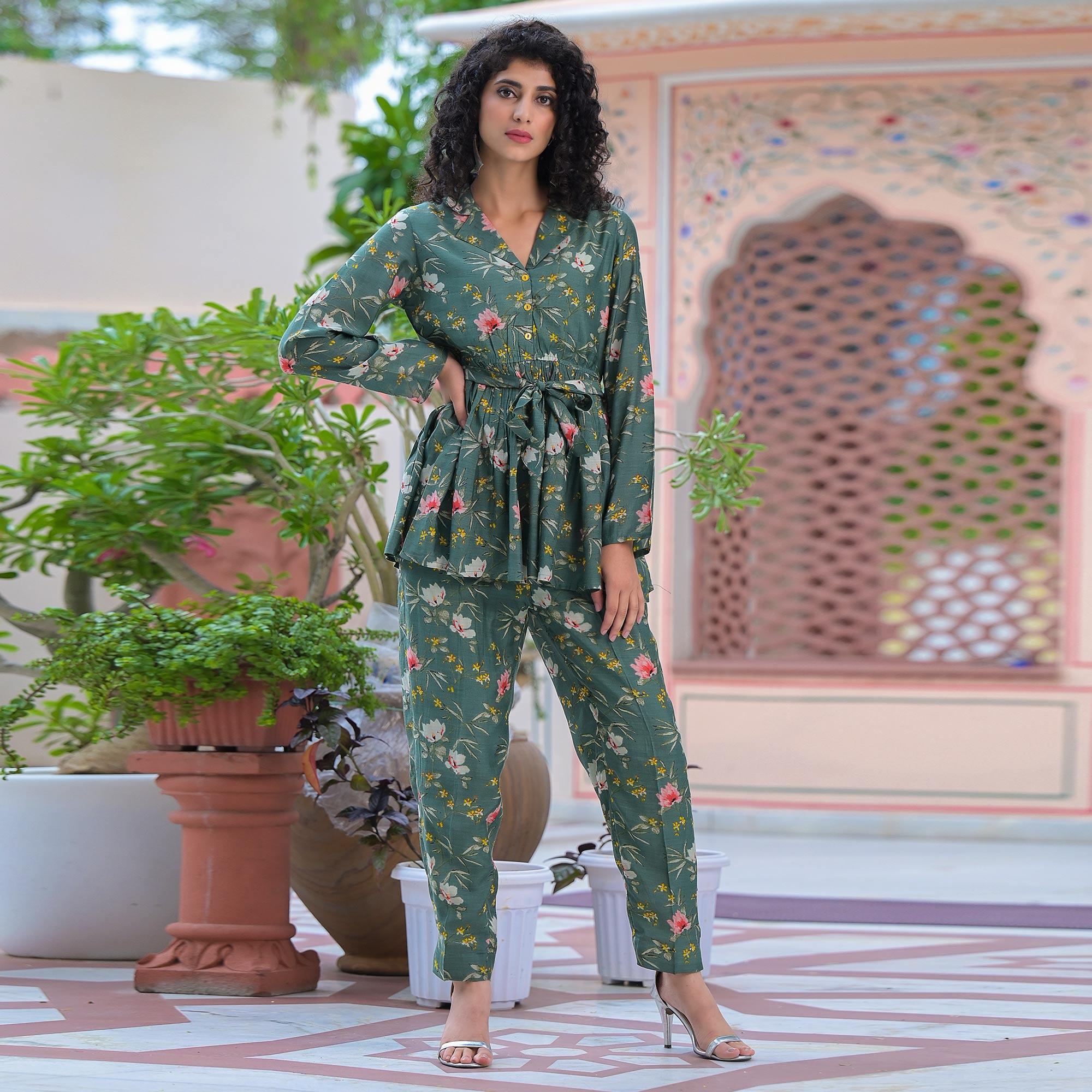 Dark Green Floral Printed Muslin Top Bottom Set - Peachmode
