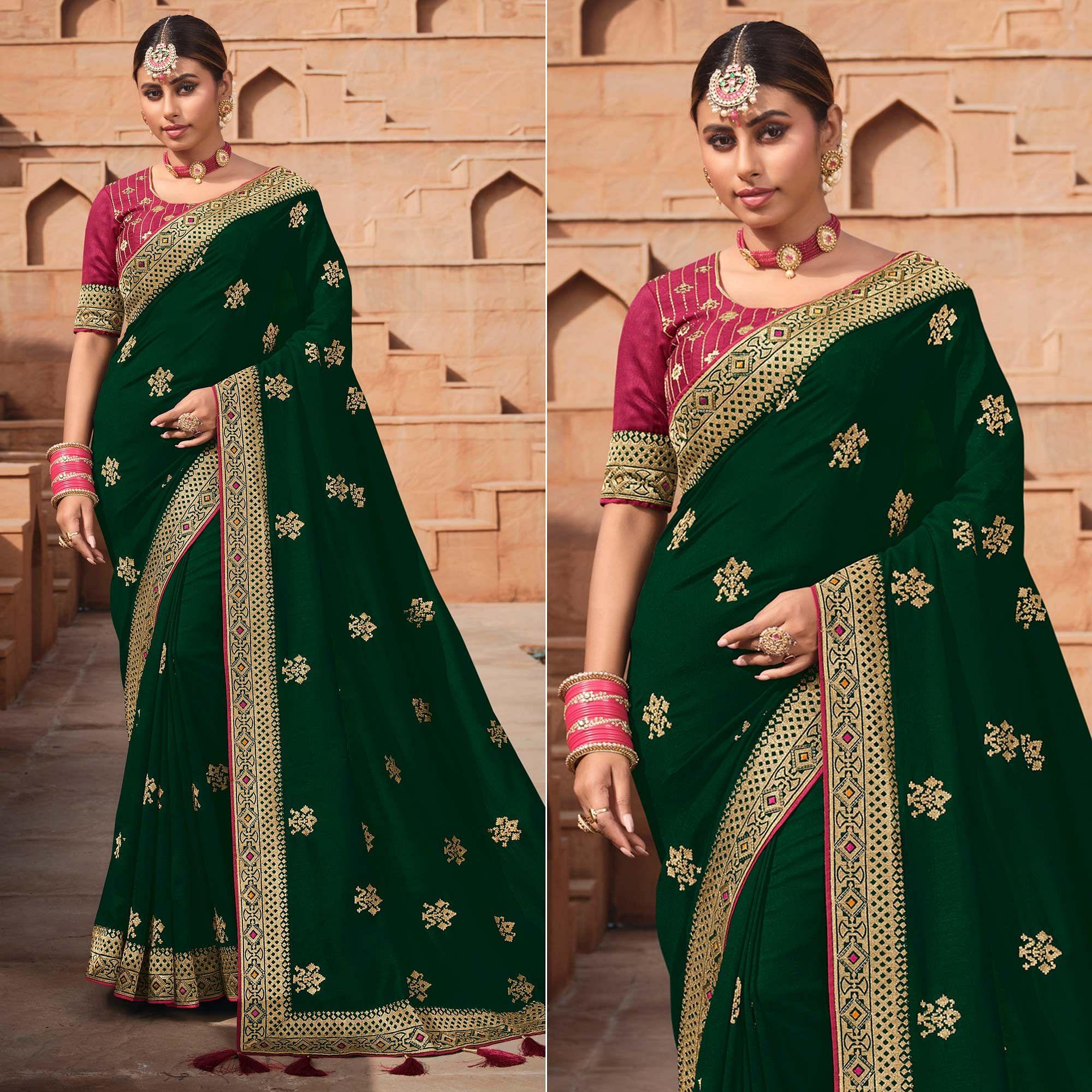 Dark Green Party Wear Embroidered Art Silk Saree - Peachmode