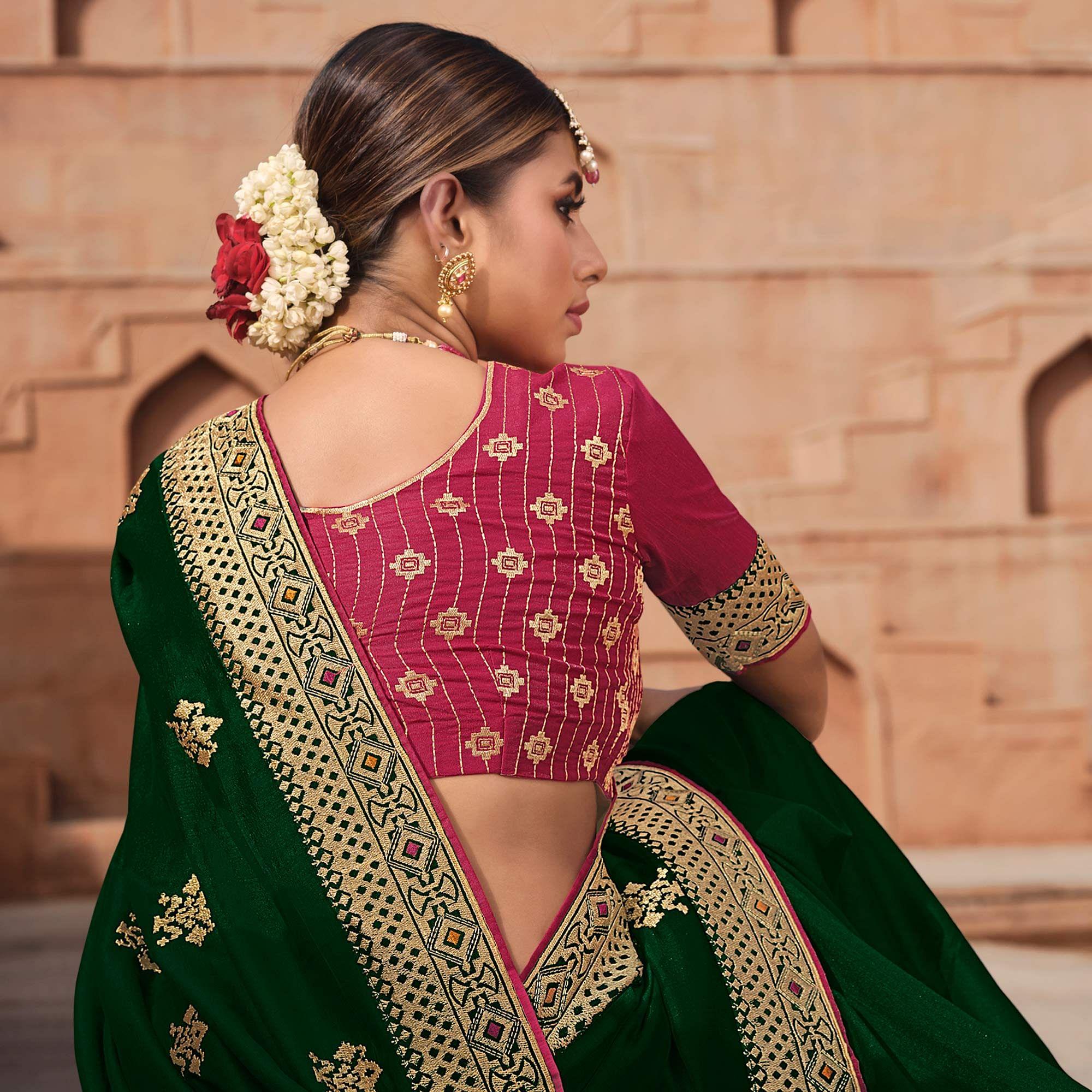 Dark Green Party Wear Embroidered Art Silk Saree - Peachmode