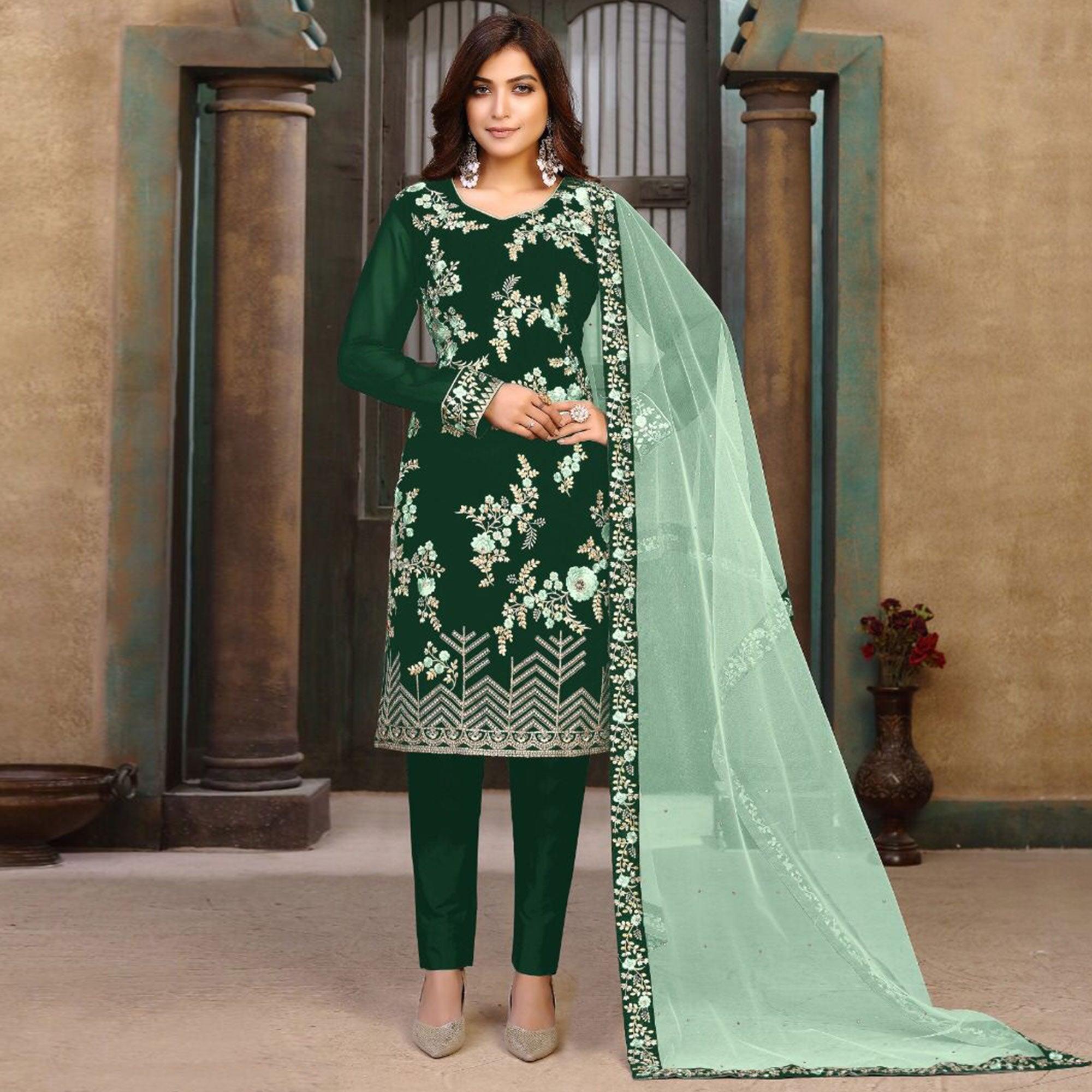 Dark Green Partywear Embroidered Heavy Faux Georgette Salwar Suit - Peachmode